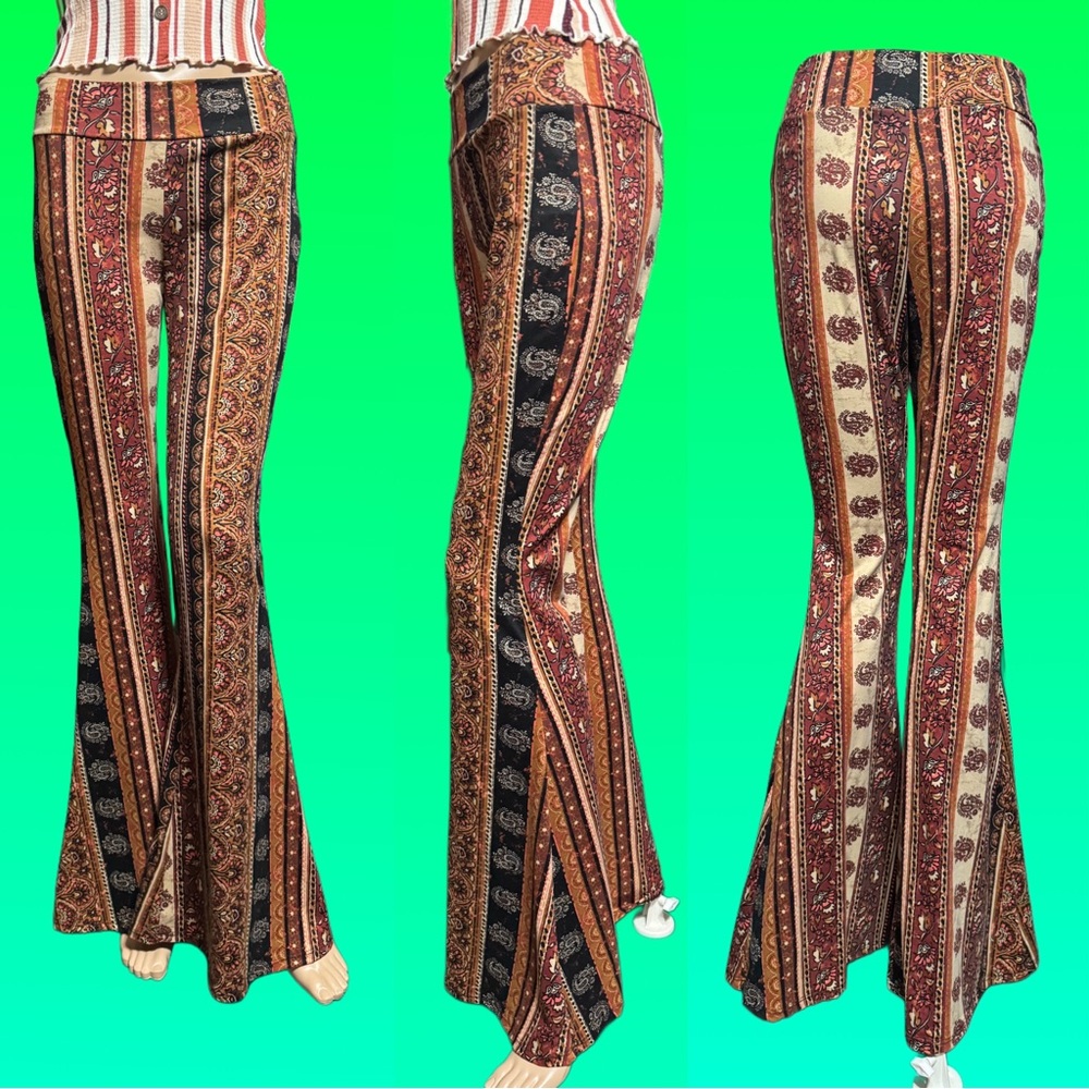 “NEW” 
Stretch Bell Bottom Wide Waist Motif pattern Print Pants, Flare Leg